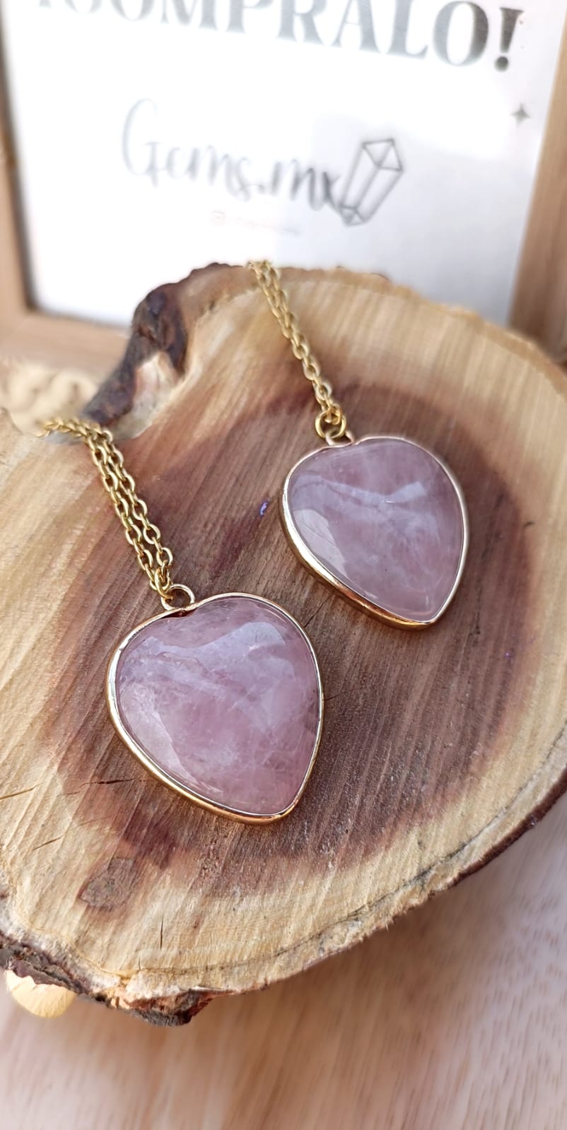 Collar corazón cuarzo rosa grande