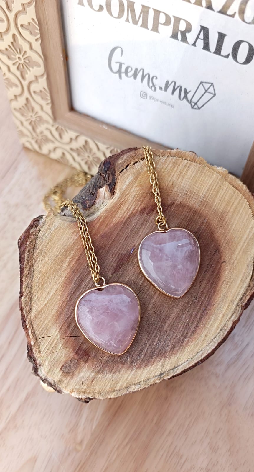 Collar corazón cuarzo rosa grande