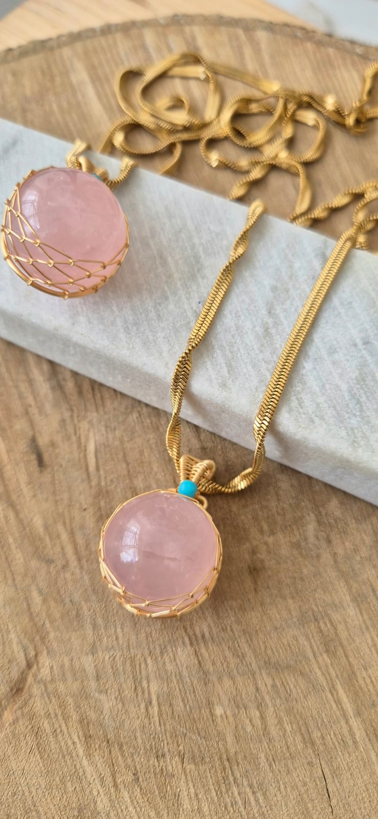 Collar largo esfera cuarzo rosa