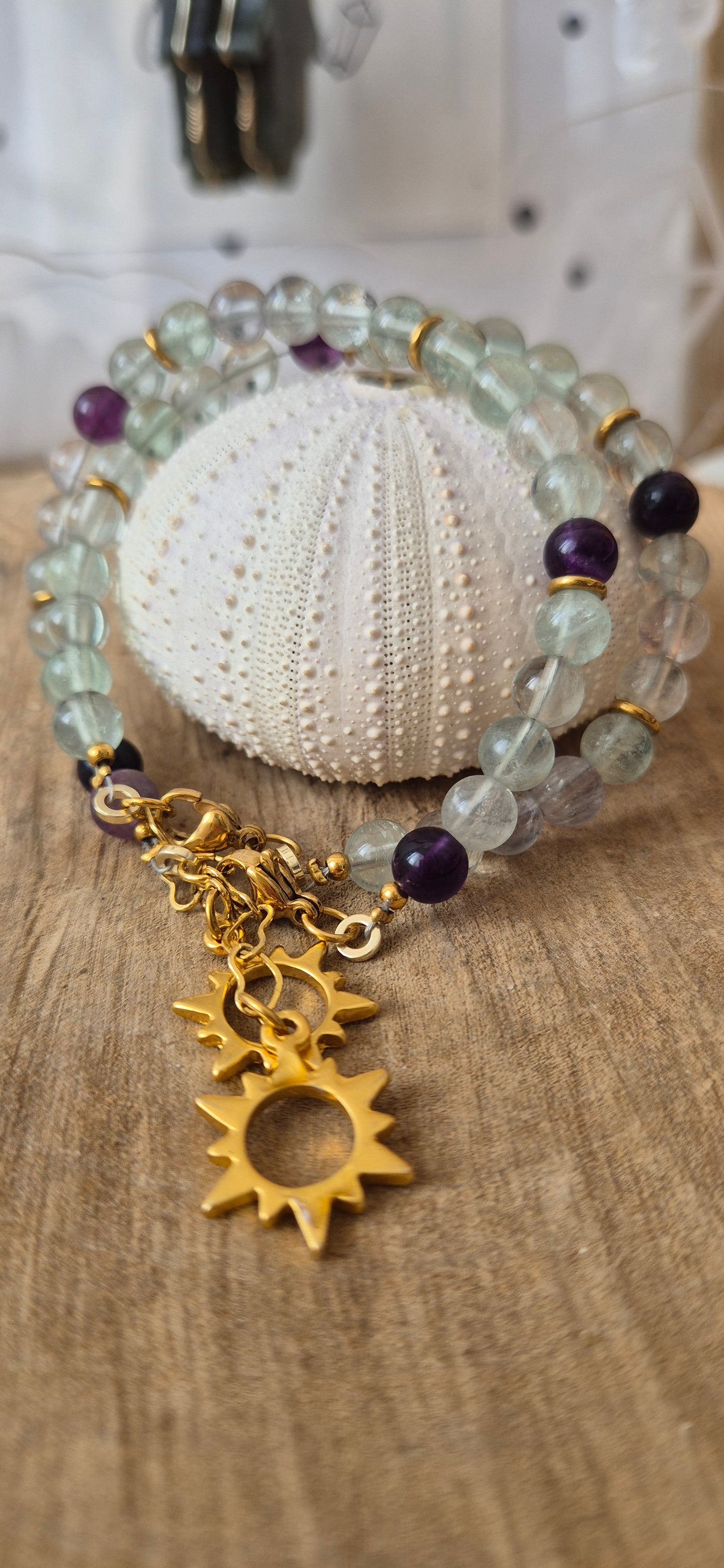 Pulsera ajustable fluorita arcoíris y amatista