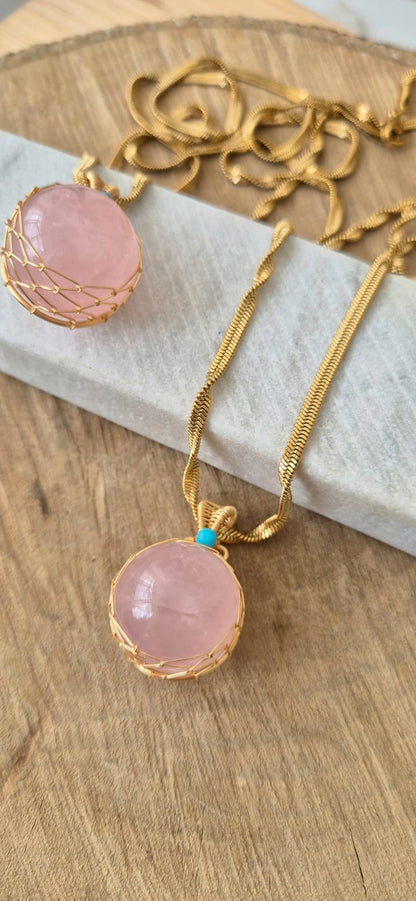 Collar largo esfera cuarzo rosa
