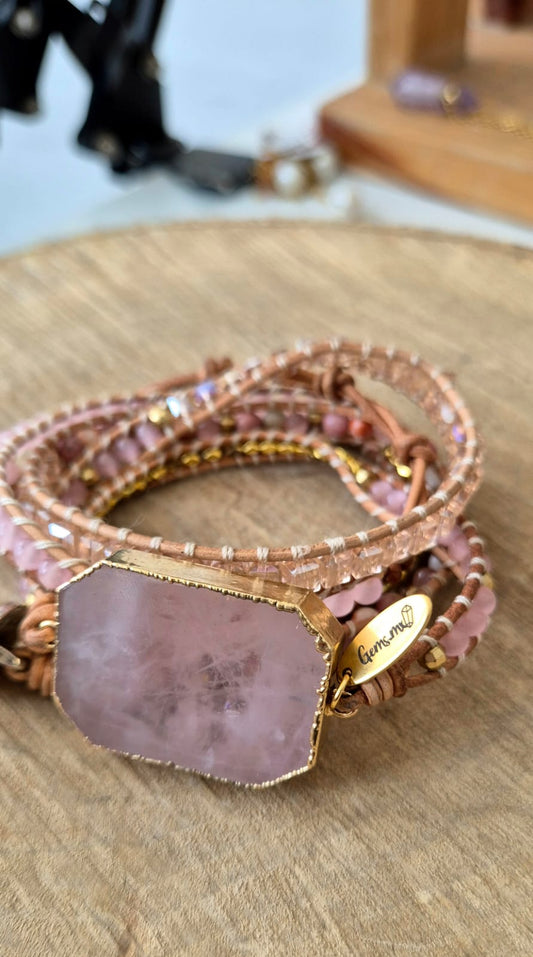 Maxi brazalete piel cuarzo rosa