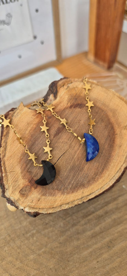 Collar estrellas con luna obsidiana o lapislázuli