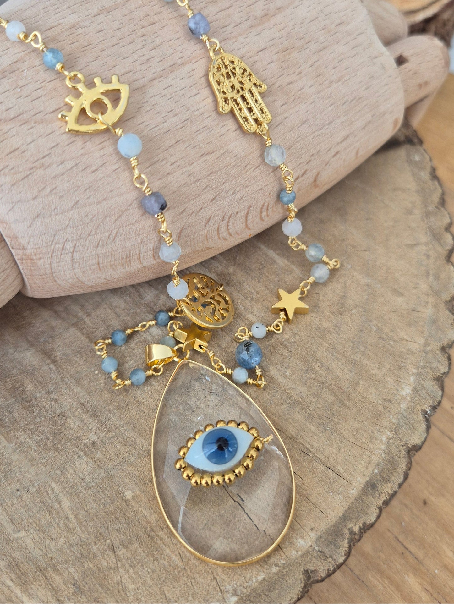 Collar protección aguamarina y cuarzo cristal