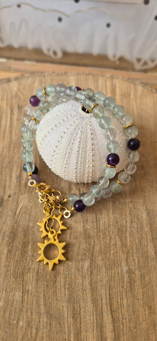 Pulsera ajustable fluorita arcoíris y amatista