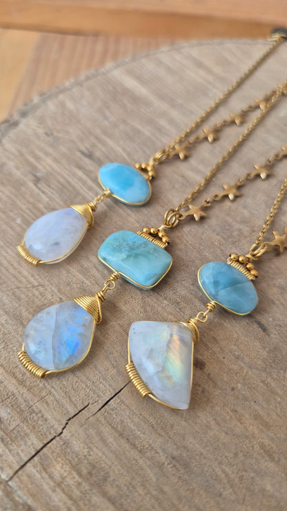 Collar larimar y piedra luna